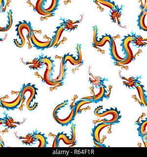 Nahtlose Muster mit chinesischen Drachen. Traditionelle China Symbol. Asiatische mythologische Farbe Tiere. Stock Vektor