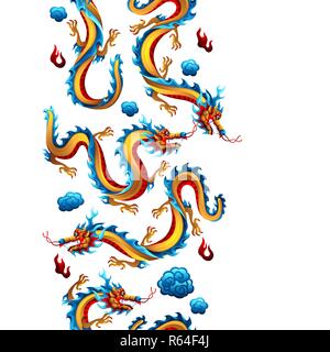 Nahtlose Muster mit chinesischen Drachen. Traditionelle China Symbol. Asiatische mythologische Farbe Tiere. Stock Vektor