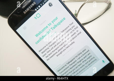 Bild des Talkspace app auf ein Smartphone, einen Begrüßungsbildschirm Stockfoto