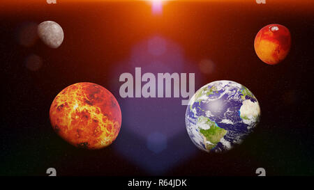 the solid inner planets, solar system's Mercury, Venus, Earth and Mars size comparison Stockfoto