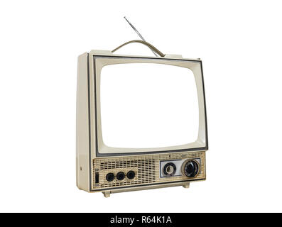 Dirty vintage tragbare Fernseher auf Weiß mit ausgeschnittenen Bildschirm isoliert. Stockfoto