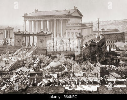 Der Tempel des Jupiter Optimus Maximus und dahinter, auf der rechten Seite, das Theater von Marcellus, wie Sie in Rom in 312 AD erschienen sind. Nach einem Abschnitt über einen Panoramablick auf die Malerei von Rom erstellt von Professor J. Bühlmann und Alexander Wagner und im leporello veröffentlicht, oder fold-out, Buch in München, 1892, betitelt das Alte Rom mit dem triumphzuge Kaiser Constantin im Jahre 312 Stockfoto