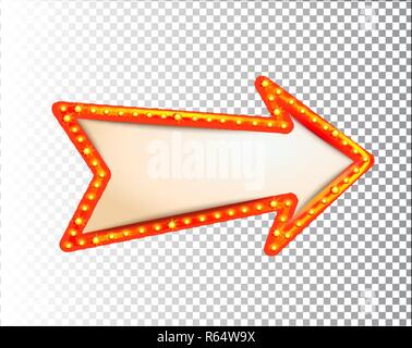 Shining isoliert retro Lampe frame Pfeil auf transparenten Hintergrund. Vintage Style Banner, Zeichen, Schild. Perfekte Vorlage für zeigt, Casino, ci Stock Vektor