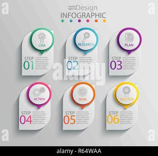 Papier Infografik Vorlage mit 6 Optionen für die Präsentation und Visualisierung von Daten. Business Process Chart. Diagramm mit sechs Schritte zum Erfolg. für Inhalte Stock Vektor