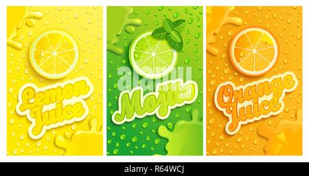 Satz frischer Zitrone, Mojito, orange Säfte Hintergründe mit Tropfen aus der Kondensation, Planschen und Fruchtschnitten für Marke, Logo und Vorlage, Label, Embleme, Stores, Verpackung, Werbung. Vector Illustration Stock Vektor