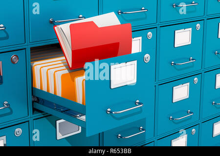 Ordner im Aktenschrank, Archivraum. 3D-Rendering Stockfoto