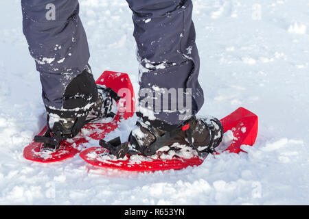 Close-up des Menschen Skifahrer Füße und Beine in kurzen Kunststoff helle Professionelle breite Skier auf weißem Schnee sonnigen Kopie Raum Hintergrund. Aktiver Lebensstil, winter Stockfoto