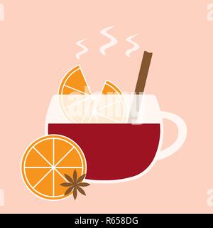 Glühwein Rebsorten mit Slice von Orange und Zimt-Vector Illustration Stock Vektor