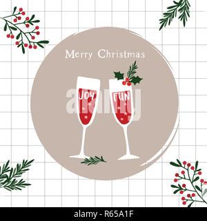 Fröhliche Weihnachten, Frohes Neues Jahr Grußkarte, Einladung. Zwei Gläser Champagner Wein. Spaß und Freude handletterd Text und Stechpalme Beeren und Tannenzweigen. Winter Feier, Party Konzept. Stock Vektor