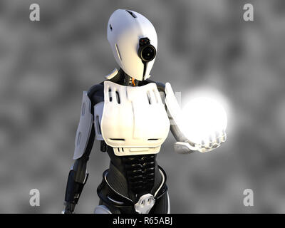 3D-Rendering für eine weibliche Android Roboter holding Energiekugel. Stockfoto