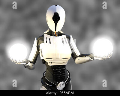 3D-Rendering für eine weibliche Android Roboter holding Energiekugeln. Stockfoto