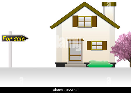 Abbildung: Ein kleines Land Haus für Verkauf auf weißem Hintergrund Stockfoto