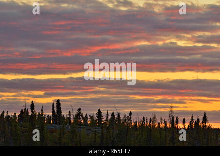 Sonnenuntergang Himmel über Ennadai Lake, Arktis Haven Lodge in Ennadai Lake, Territorium Nunavut, Kanada Stockfoto