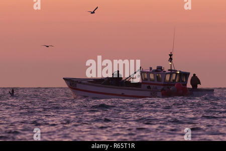 Ein Fischerboot, das den Bembridge Harbour bei Sunrise in der Nähe von St. Helen's, Isle of Wight verlässt Stockfoto