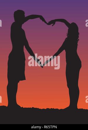 Happy Valentines Tag Abbildung. Romantische Silhouette der liebenden Paar bei Nacht unter den Sternen. Vector Illustration Stock Vektor