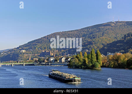 Schiff auf dem Neckar bei Heidelberg Stockfoto