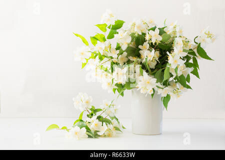 Schönen Blumenstrauß von Jasmin Blumen in der Vase. Kopieren Sie Platz. Geschenk Muttertag. Stockfoto