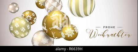 Frohe Weihnachten Web Banner in deutscher Sprache, gold Xmas bauble Ornamente Hintergrund für die Einladung oder Grußkarte. Stock Vektor