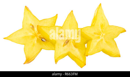 Reifen Star Fruit karambolen oder star Apple (sternfrucht) in Scheiben geschnitten auf weißem Hintergrund mit Freistellungspfad isoliert. Stockfoto