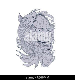 Hannya Maske und Koi Fisch Zeichnung Stockfoto