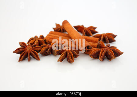 Zimtstangen und Sternanis auf weißen reflektierenden Hintergrund. Selektive konzentrieren. Makro. Stockfoto