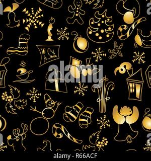 Weihnachten Spielzeug und Aufkleber nahtlose Muster. golden verzierte metallische Objekte auf Schwarz. Geschenk, Hirsche, Bell, Lebkuchen Stock Vektor