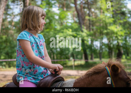 Süße kleine Mädchen reiten auf einem Pony Stockfoto