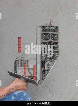 Konzept, Mitarbeiter an der Wand der Fabrik verputzen Stockfoto