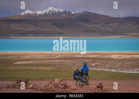 Frau drücken Fahrrad Stockfoto