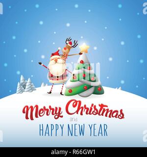 Weihnachtsmann und Rentier geschmückten Weihnachtsbaum - Frohe Weihnachten und ein glückliches Neues Jahr Grußkarte Stock Vektor