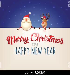 Frohe Weihnachten und ein glückliches Neues Jahr wünscht Euch der Weihnachtsmann und Rentier Rudolph auf Reklametafeln - blauer Hintergrund Stock Vektor