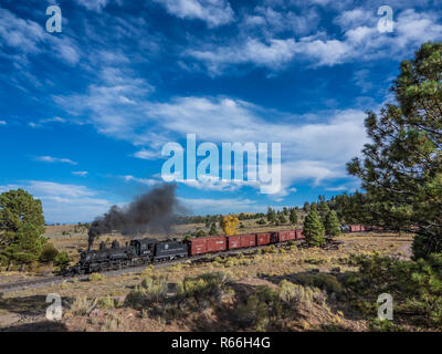 Lok 453 Dampfmaschine Güterzug Richtung Osten am Big Horn, Cumbres & Toltec Scenic Railroad, Antonito in Colorado. Stockfoto