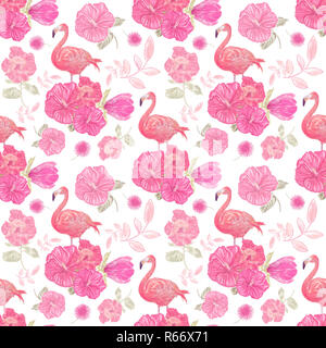 Nahtlose Muster mit Blumen und Flamingo Stockfoto
