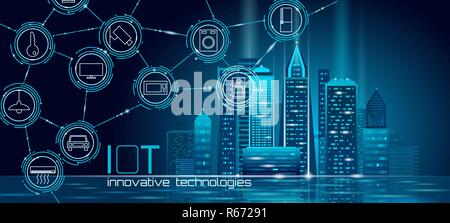 Internet der Dinge Low Poly smart City 3D Drahtgitter. Intelligente Gebäudeautomation IOT-Konzept. Moderne wireless online control Symbol urban cityscape Technologie banner Vector Illustration Stock Vektor