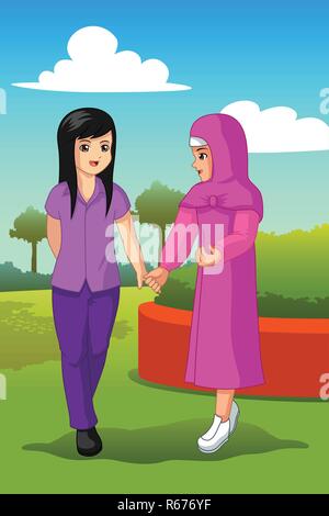 Ein Vektor Abbildung von zwei Mädchen halten sich an den Händen Stock Vektor