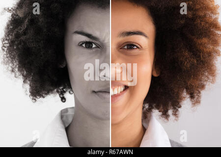 Geschäftsfrau, traurig und glücklich Emotionen Stockfoto