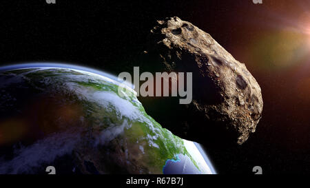 Asteroid nähert sich der Erde, Meteoriten im Orbit vor dem Aufprall Stockfoto
