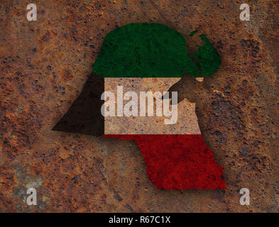 Karte und Banner von Kuwait auf verrostetem Metall Stockfoto