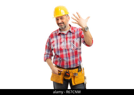 Fünf Finger gehalten von konstruktor mit freundlichem Ausdruck als zählende Konzept auf weißem Hintergrund Stockfoto