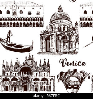 Venedig architektonischen Symbolen nahtlose Muster Vektor einrichten: Karneval Maske, Palazzo, Basilika, San Marco, Gondel. Skizze Stockfoto