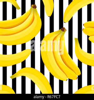 Banane nahtlose Muster. Reife Bananen auf eine gestreifte Schwarz und Weiß. Stockfoto