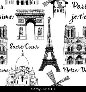 Paris Sightseeing nahtlose Muster festgelegt. Eiffel Turm, Arc de Triomphe, Basilika Frankreich. Vektor Hand gezeichnete Skizze Stockfoto