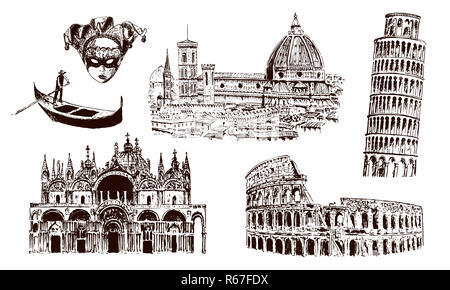 Italienische Architektur Symbole: Kolosseum, Piazza del Duomo Santa Maria del Fiore, Pisaner Turm, Basilica di San Marco, Gondel, Karneval Maske. gezeichnet Vektor Skizze Abbildung Stockfoto