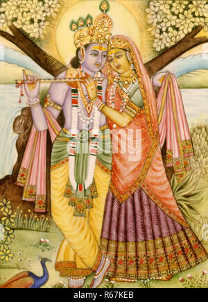 Radha Krishna Miniaturmalerei auf Elfenbein Stockfoto