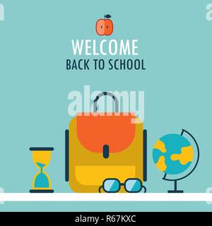 Zurück zu Schule Hintergrund Rucksack Globus Gläser und Sanduhr Vector Illustration Willkommen Stock Vektor