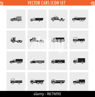 16 lkw Pkw Symbol gesetzt. Neutrale Farbe, schwarz-weißen minimalistischen Stil. Transport. Vector Illustration Stock Vektor