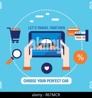 Schönes Auto auf dem Tablett. Shopping, Auto Kauf, wählen Sie ein perfektes Auto. Vector Illustration Stock Vektor