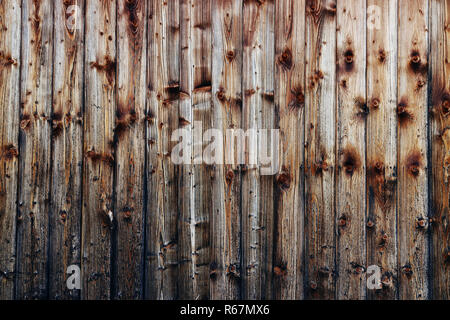 Eine braune hölzerne Wand mit vielen Astansätze. Holz- Textur einer Holzwand Stockfoto