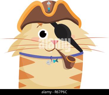 Vector Illustration cute cartoon Ingwer Kater junge Charakter portrait in Piraten Hut und Auge verband mit Rauch Leitung auf weißem Hintergrund Stock Vektor