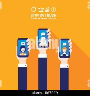 Hand, smart phone Soziales Netzwerk und Kommunikation Konzept Vector Illustration Stock Vektor